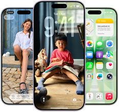 iPhone 17, exterior front, Dynamic Island centered near top, three colors: Mist Blue, Lavender, Sage